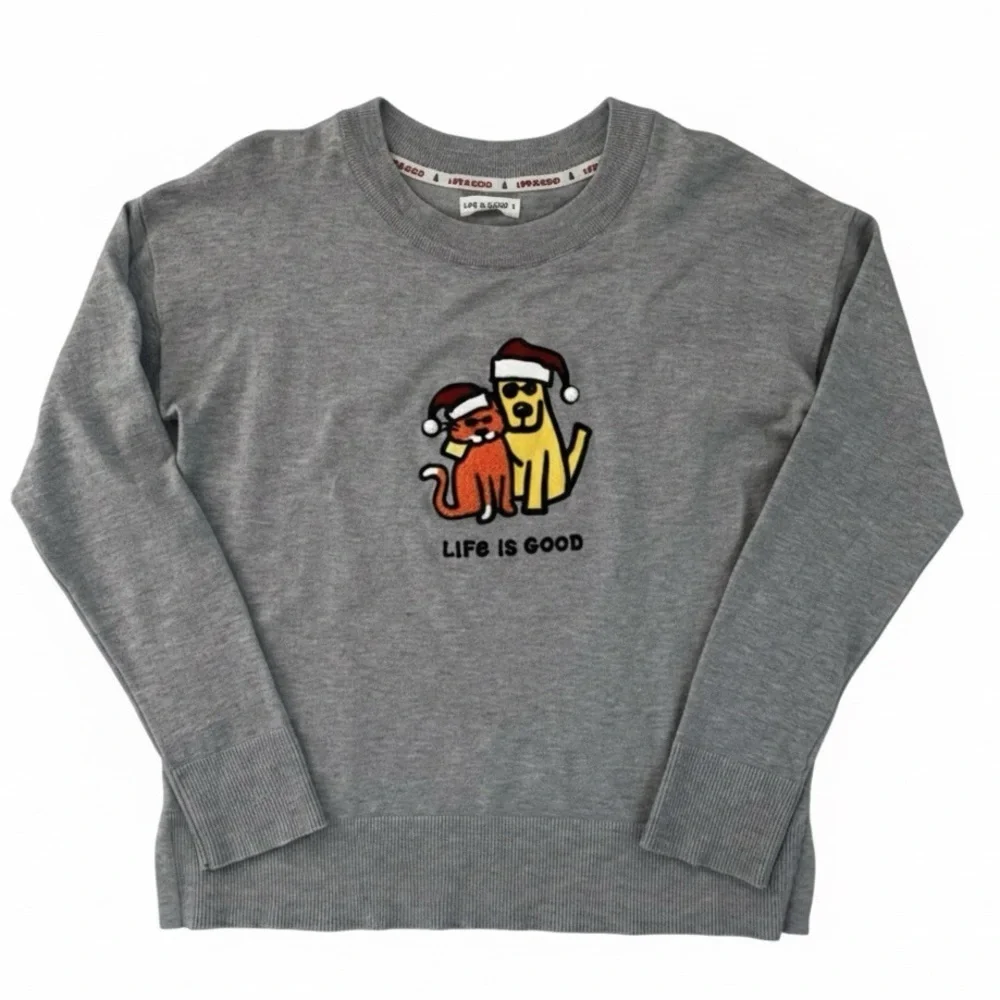 Life is Good Christmas Sweater S | Dog Cat Santa Hat Letterman Patch Holiday - Picture 2 of 6